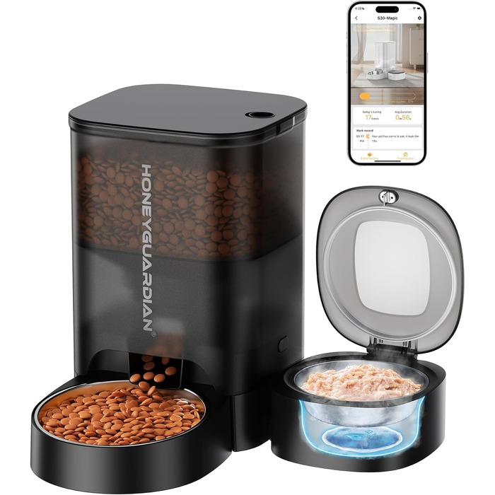 Автоматичний годівниця для котів HoneyGuaridan 2-в-1 з Wi-Fi, для сухого та вологого корму, з охолодженням та сухим мішечком, чорний