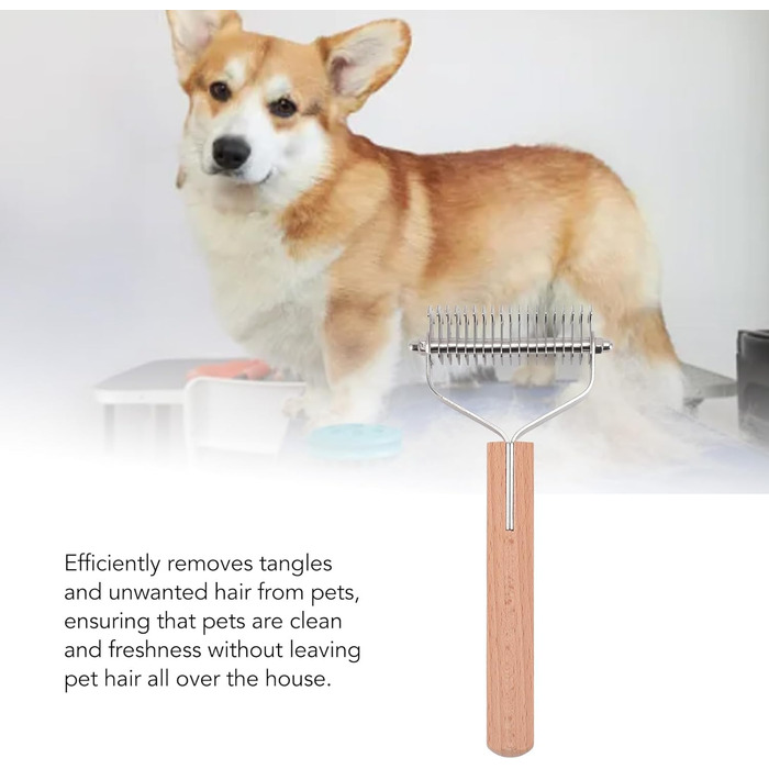 Гребінець для видалення підшерстка для тварин з нержавіючої сталі, двосторонній, з закругленими зубцями, зручна ручка з антиковзким дерев'яним покриттям, для всіх порід