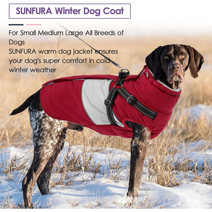 Зимовий теплий одяг для собак SUNFURA: великий куртка з інтегрованим шлейкою, водонепроникний флісовий костюм для собак, з хутряним коміром, для Французького бульдога (Large, Бордовий)