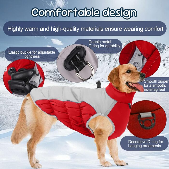 Зимовий теплий одяг для великих собак, XL-5XL. Червоний зимовий теплий одяг для собак, великих порід, з відбиваючими елементами, для снігу, з високим коміром.