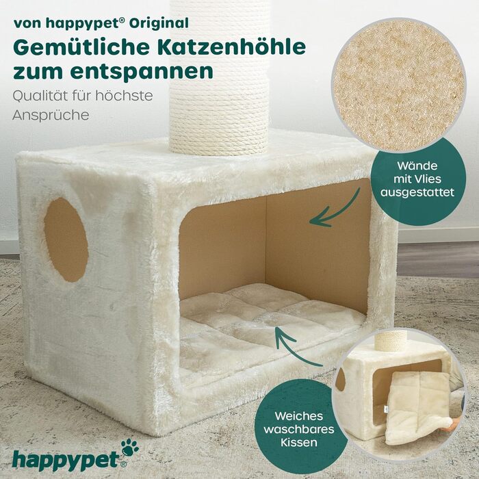 Котячий дряпак HAPPYPET Mick 103 см, преміум, для великих котів, 600г плюш, товстий стовп 18 см, велика лежанка, для мейн-кунів, колір капучино