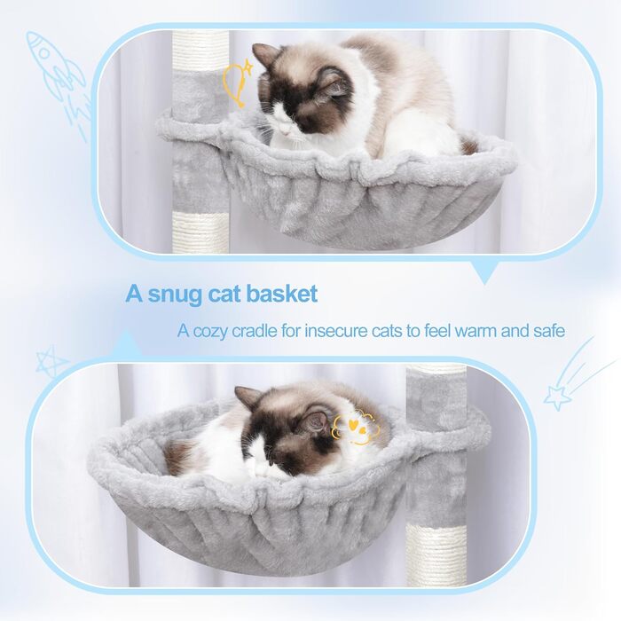 Дерев'яний комплекс для котів Hey-brother з розширеною частиною, широкими платформами, затишними печерами, гамаками, сизалевими стовпами та м'ячиком, 178 см, світло-сірий MPJ038W