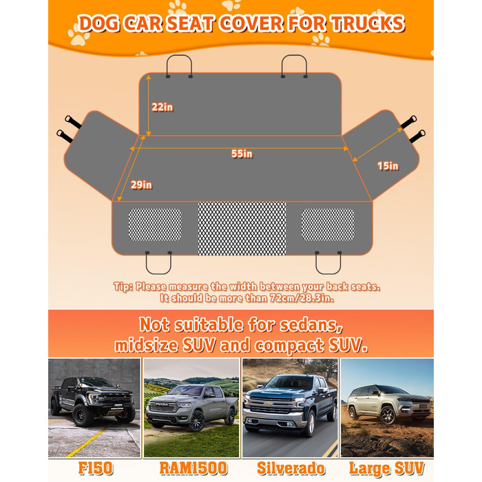 Подовжувач для собачого автокрісла, чохол на сидіння для собак з жорстким дном, собача гамак, захисний килимок для заднього сидіння авто, сумісний з F150, RAM1500, Silverado, GMC, Tundra