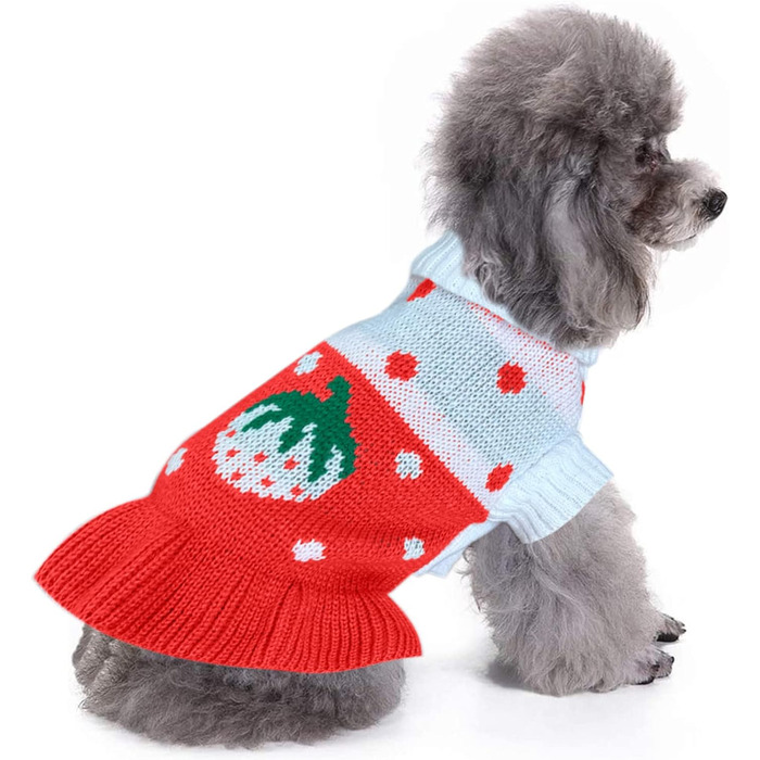 Пуловер для собак CHBORCHICEN, класичний в'язаний пуловер з коміром-стійкою, зимовий, теплий, для цуценят, милий пуловер з малюнком 'Полуниця' та 'Серце', червоний, розмір M