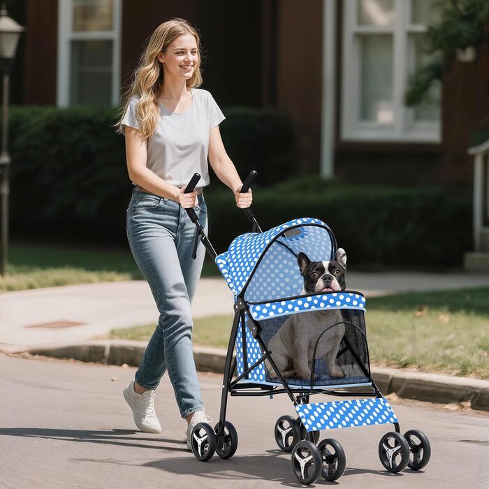 Візок для собак маленьких порід, 4,5-10 кг, візок для цуценят, візок для середніх собак, візок для котів, візок для 2 котів, з багажником, леопардовий принт (блакитний/у крапку)