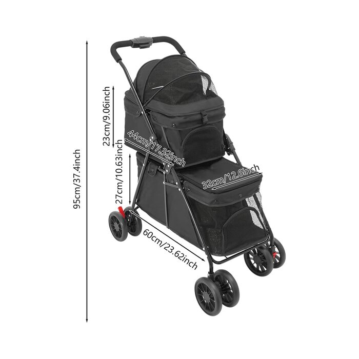 Складаний візок для собак та котів, 2-поверховий, з сумкою та ременями безпеки (Чорний)