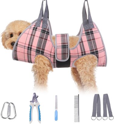 Гаммачна для догляду за собаками BeautyZoo з регульованою шлейкою та сталевим гребінцем, фіксатор для грумінгу, ідеальний підвіс для собак для безпечного та безстресового догляду XS (розташування ніг: 1.8-2.9 м / Макс. вага: 6.8 кг) (XS (Leg Spacing: 6-9.