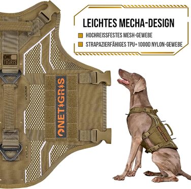 Шлея для собак OneTigris AIRE Armor, регульована, сітчаста, з 2 ручками і 3 D-кільцями, не тягне, безпечна, відбивна, дихаюча, для середніх і великих собак, коричнева, розмір L