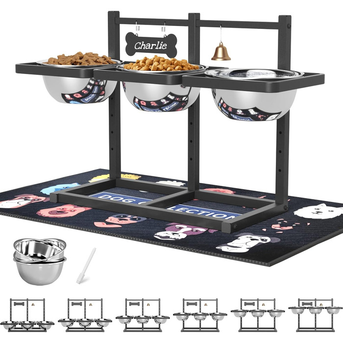 Підвищені годівниці для собак з повільним годуванням, 5 регульованих висот, неслизький, міцний металевий каркас, непромокальний килимок, стійкі до іржі миски, легко миються, висота: 42 см