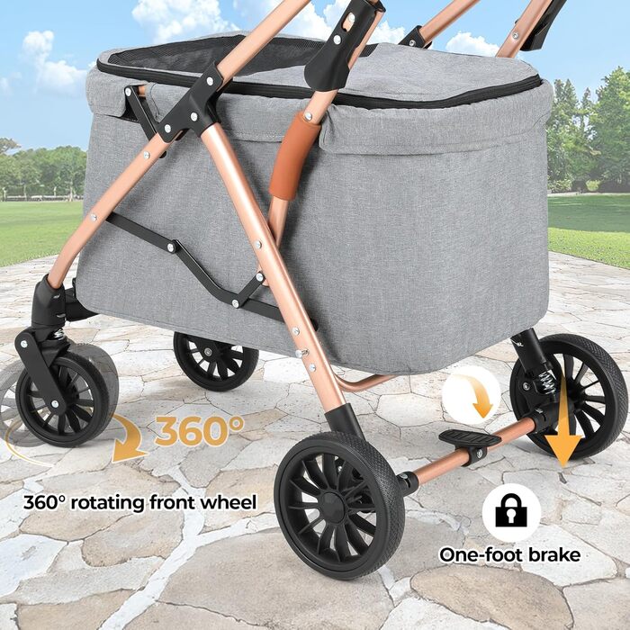 MAMIZO Подвійний візок для собак, переноска для тварин до 15 кг, складний двоярусний візок для собак, котячий візок на 2 яруси з 4 зносостійкими колесами PU, переносна сумка для собак (Сірий)