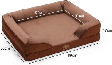 Ортопедичне ліжко для собак великих порід, ергономічне диван-лежанка з піною у формі подушки, водовідштовхуваче ліжко з неслизьким покриттям, 89x63 см, світло-сірий, коричневий, розмір 89 x 63 x 17 см