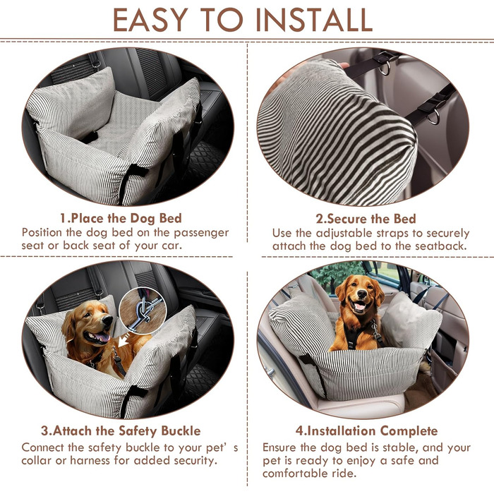 Автокрісло для собак - автокрісло-бустер для маленьких та середніх собак до 18 кг з ременем безпеки та кишенями для зберігання, антиковзаюча підставка (смугастий морський колір) (коричневий, 76.2 x 52 см)