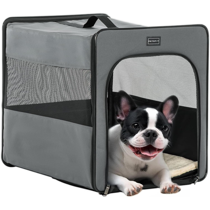 Складана переноска для собак Petsfit з плюшевим матрацом 3 см, портативний контейнер для середніх собак, для подорожей, сірий, розмір M 61x46x53.5 см