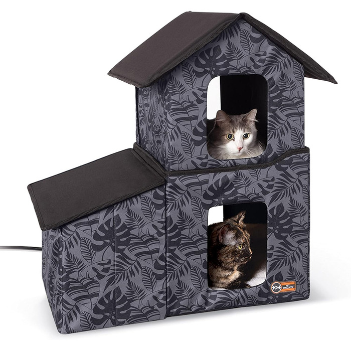 Двоповерховий вуличний котячий будиночок K&H PET PRODUCTS з їдальнею та обігрівом, сірий, 55,9x68,9x68,9 см