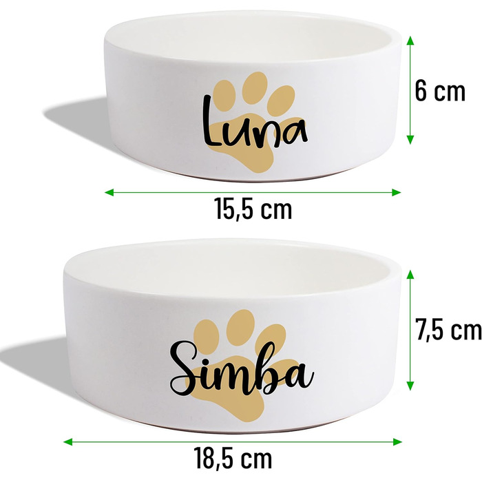 Керамічний подвійний миска з іменем для собак та котів 'Велика лапа' - персоналізований набір мисок з/без підставки | Миска для собак, годівниця, миска для їжі | Годівниця (2x 1300 мл)