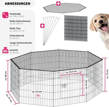 Вольєр Tectake® з захисним сітком, секційна огорожа, розкладна та розширювана, для дрібних тварин, кроликів, як загородження для собак, собачий вольєр, для цуценят, вольєр для кроликів, вуличний вольєр, діаметр 145 см, чорний