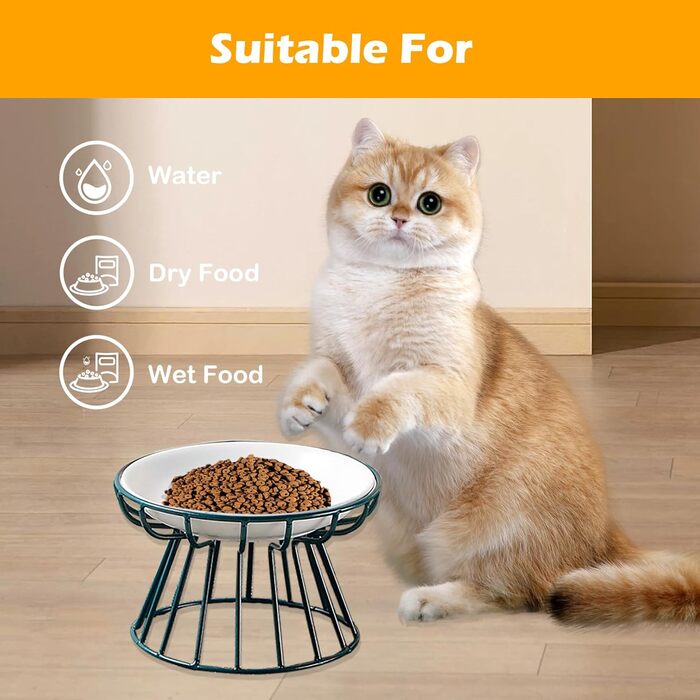 Керамічні годівниці для котів з металевим підставкою, підняті миски для кошенят та води, підняті миски для котів, плоскі миски для домашніх котів, цуценят, маленьких собак, 2 шт. 【2 шт. чорний + зелений】