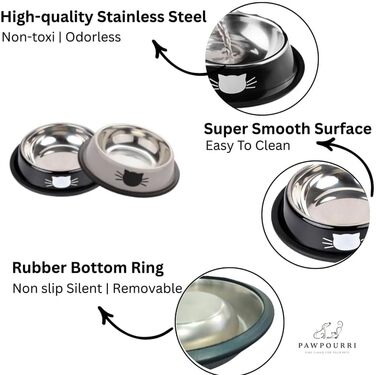 PAWPOURRI Миски для котів з нержавіючої сталі, протиковзкі, 2 шт. (230 мл, синій та червоний)