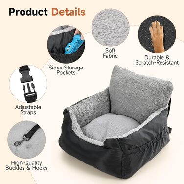Зручний автокрісло для собак з кишенею, водонепроникне ліжко для подорожей з неслизьким дном, м'яке автоліжко для маленьких собак, 55 x 50 x 35 см, чорний