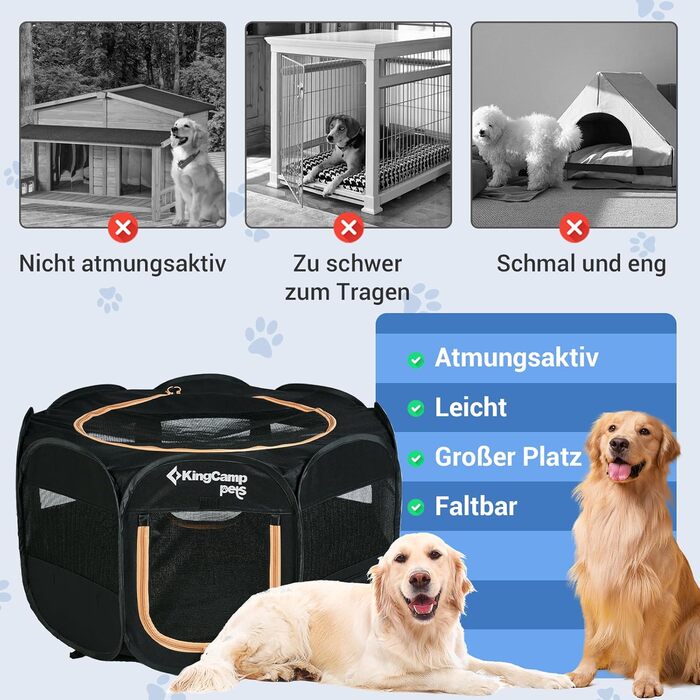 Загон для цуценят KingCamp 127 см, складний, Oxford 600D, для дому та вулиці, з кілочками, чорний