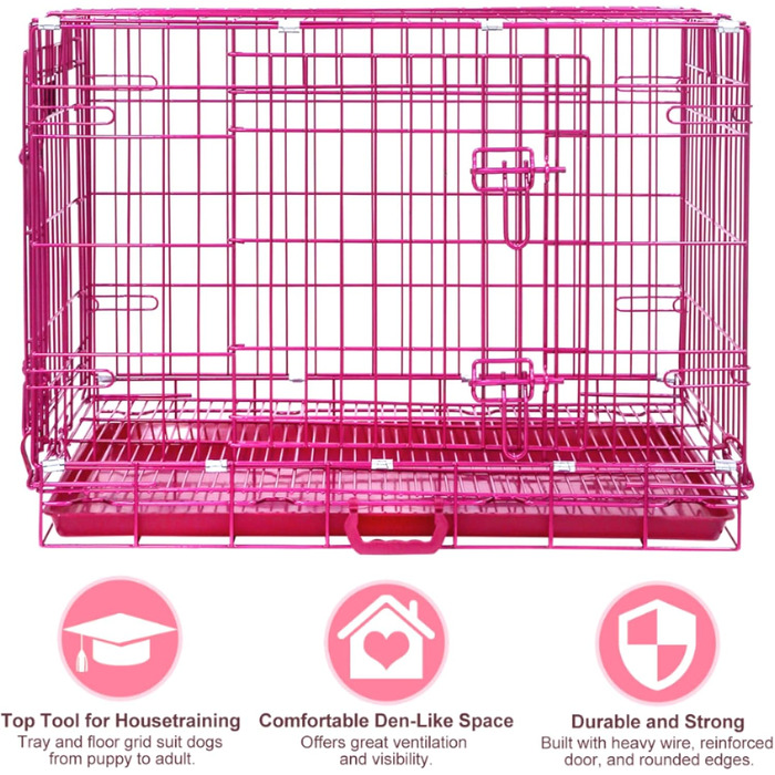 Клітка для собак HOMEY PET 76,2 см рожева, розкладна, для дому, з металевого дроту, знімний піддон