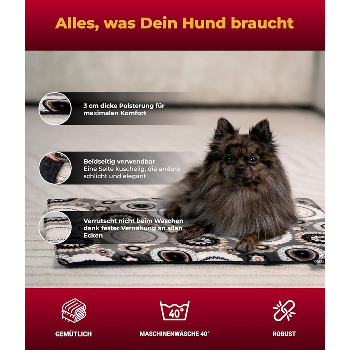 Підстилка для собак XS (45x65 см) – Двостороння, м'яка, з наповнювачем 3 см – Ідеально для дивану, авто та переноски – Виготовлено в Німеччині (55 x 75 см, Мандала Антрацит)