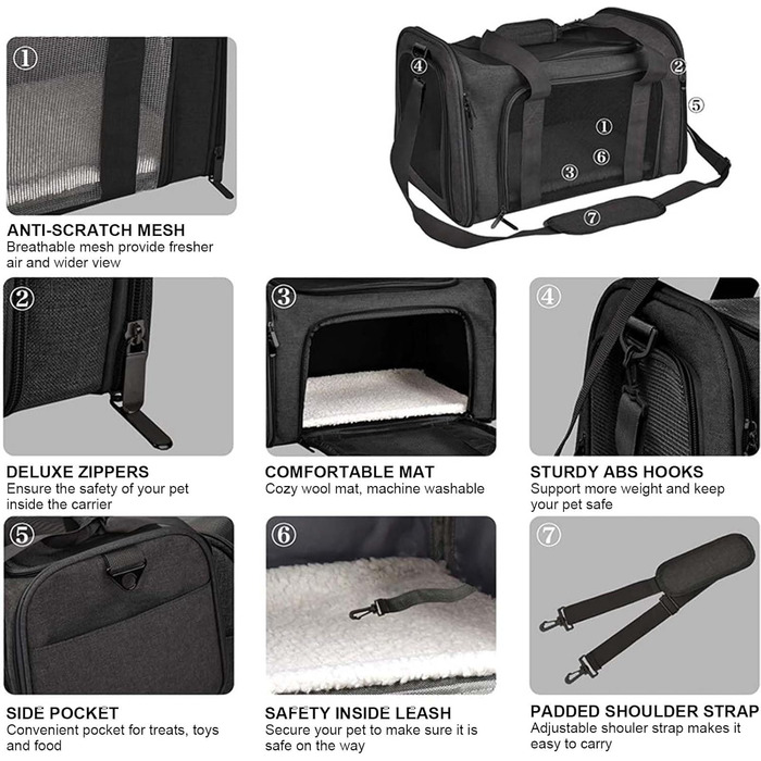 М'яка переноска для котів та собак, складана переноска для кота з дихаючою сіткою, оксфордська тканина зі шлейкою для маленьких собак, котів та кроликів (Чорний)
