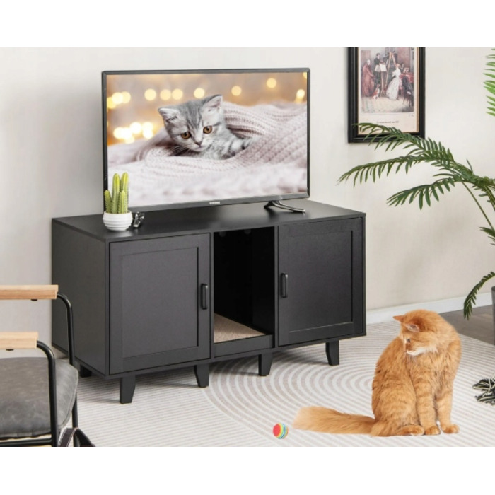 COSTWAY Багатофункціональна комода 3-в-1 для котів: з лотком та дряпалкою, чорна