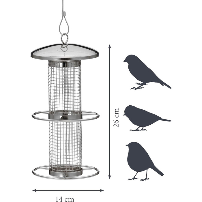 Годівниця для птахів Dobar® 10041 з нержавіючої сталі - годівниця для диких птахів, годівниця для горіхів з сіткою - сталева годівниця для саду/тераси/балкону, Ø 14 см x 26 см, срібна, 1 шт.