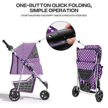 Дитяча коляска для котів та собак, 3 колеса, фіолетовий принт, з кошиком та тримачем для напоїв