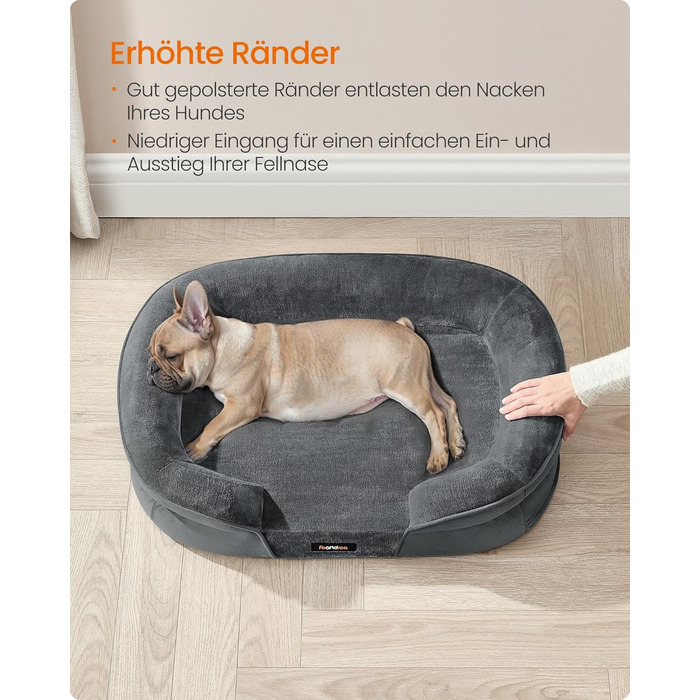 Feandrea лежанка для собак, ортопедична, 76 x 51 x 18 см, сірий колір, для середніх собак, знімний, водонепроникний чохол, протиковзна