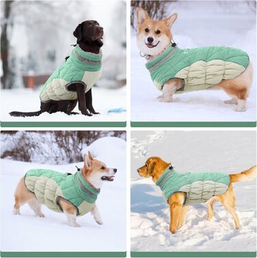 Зимовий теплий пуховик для великих собак Kuoser – водонепроникна куртка з флісовою підкладкою, світловідбиваючими елементами, коміром з хутром, блискавкою та кільцем D – теплий одяг для собак на вулицю, XL, зелений