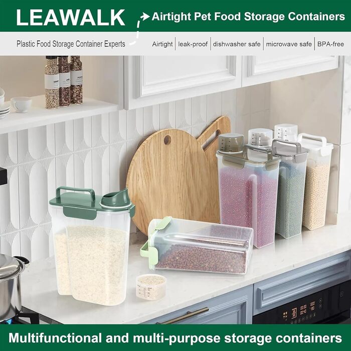 Контейнер для корму для собак, велика воронка, BPA-free, 1.4-2.3 кг, пластиковий контейнер для кормів, 4 герметичні закриття, 1 мірний стакан та ручка, авокадо-зелений (3 л + 5 л)