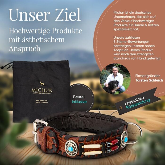 Ошийник для собак Carlota Halsband Indianer: шкіряний ошийник з бірюзовими каменями, різні розміри (41-49 см)