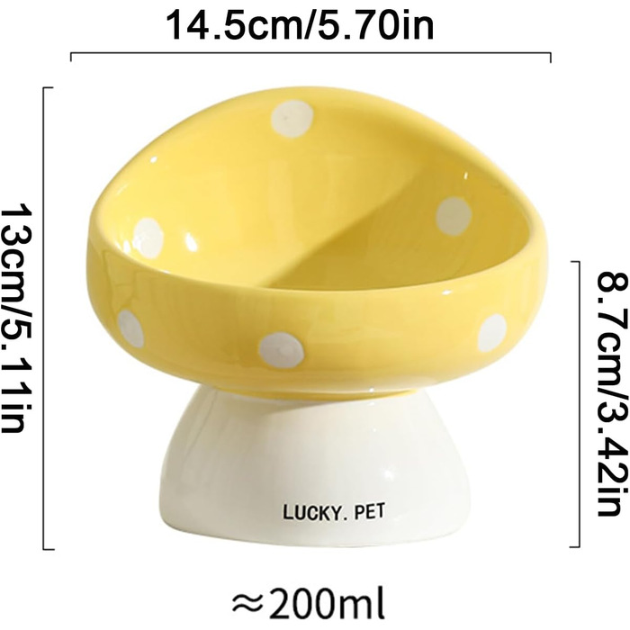 Миска для котів, 200 мл, мила форма гриба, кераміка, піднята миска, миски для котів, плоский вус, дружня миска для тварин, проти блювоти, піднята миска для корму (Жовта)