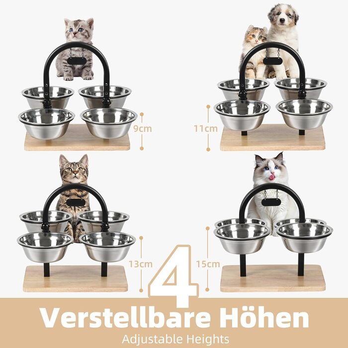 Підвищений годівниця для котів JUJOYBD з 4 нержавіючими мисками, регульована висота, станція годування, миски для їжі та води для котів та маленьких собак