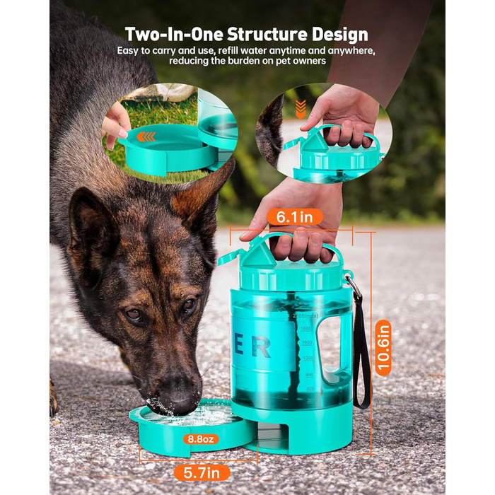 Травельна пляшка для собак - годівниця для води, витокозахисна, для великих тварин, ідеальна для прогулянок, кемпінгу, пляжу (м'ятно-зелена)