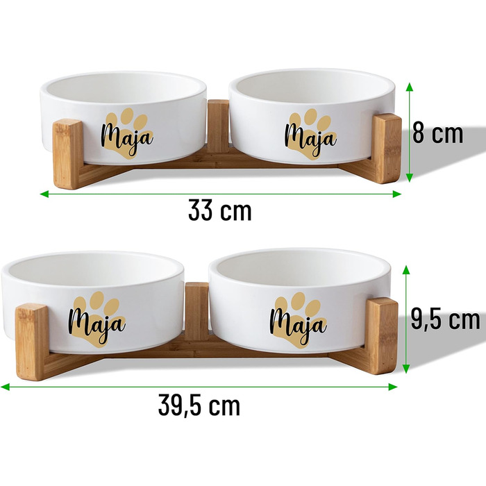 Керамічний подвійний набір мисок з іменем для собак та котів 'Велика лапа' - персоналізований набір мисок з/без підставки | Миска для собак, годівниця, миска для котів | Годівниця (2x 500 мл, підставка)