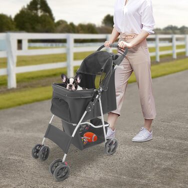 Візок для собак до 15 кг, 62x44.5x101 см, 4 колеса, складний, для маленьких та середніх собак/кішок, з кошиком для зберігання, чорний, Oxford Tuch + вуглецева сталь