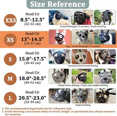 Майерзон Намордник для Французького Бульдога з короткою мордочкою, з хомутком, щоб запобігти їзді, з м'якої сітки, для собак, Ши-тцу, Мопс, Англійський Бульдог, XS [Обвід голови: 13'-14½']