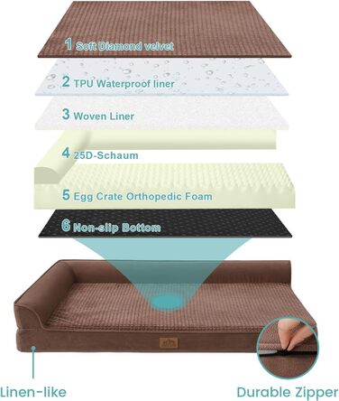 Ортопедичне ліжко для собак, 19 см товщиною, диван для середніх собак, знімний та пральний, неслизьке дно, водонепроникна підкладка, коричневий, 76x51x19 см