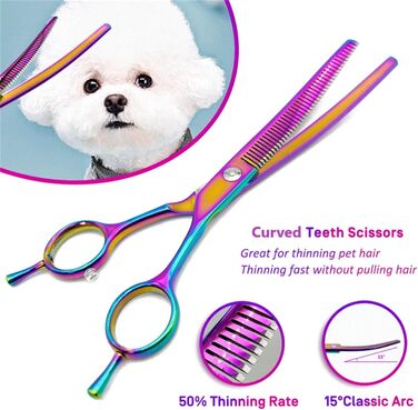 Професійна витончена ножиця для грумінгу собак 7 дюймів, з японської сталі 440C, фіолетового кольору. Зменшує товщину шерсті на 30-60%.
