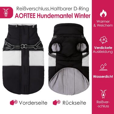 Теплий зимовий одяг для собак AOFITEE: куртка для великих собак, водонепроникна, з отвором для повідка, для Лабрадора, Віндгорда, Голден Ретрівера, 2XL (S, чорний)