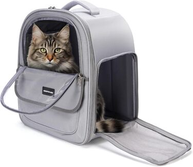 Рюкзак для кота/собаки до 7 кг, дихаючий, з сіткою та страхувальним ремінцем – водовідштовхувальне оксфордське полотно, складаний, для подорожей, ветеринара (сірий)
