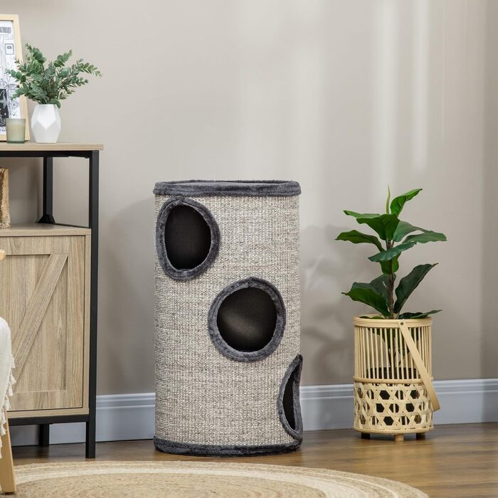 Котячий будиночок PawHut 70 см, 3-ярусний, з плюшевим обідком, сірий - когтеточка для котів