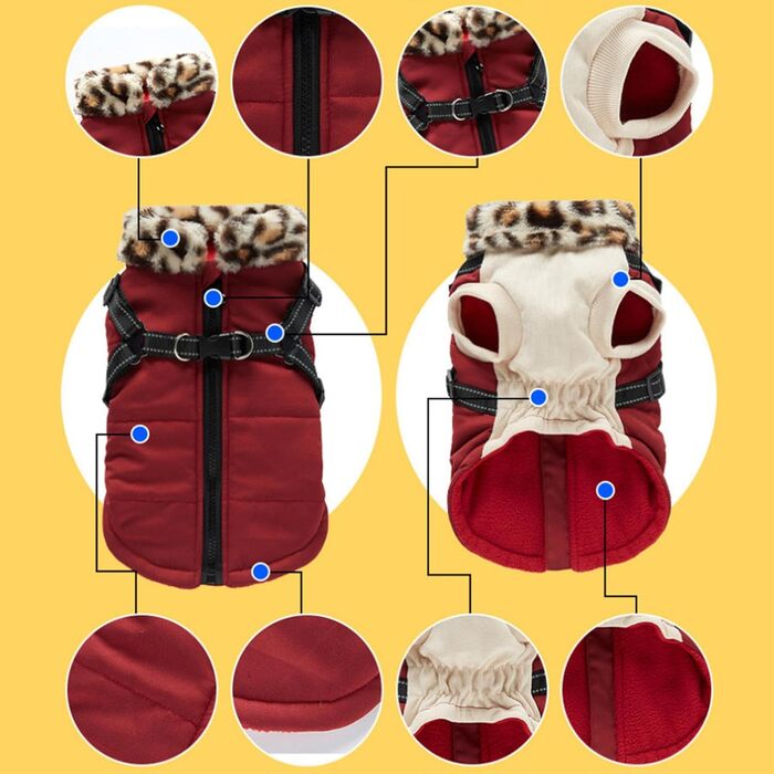Зимовий теплий одяг для собак: водонепроникна жилетка з інтегрованим шлейкою | Для малих, середніх собак | Колір: Бордовий