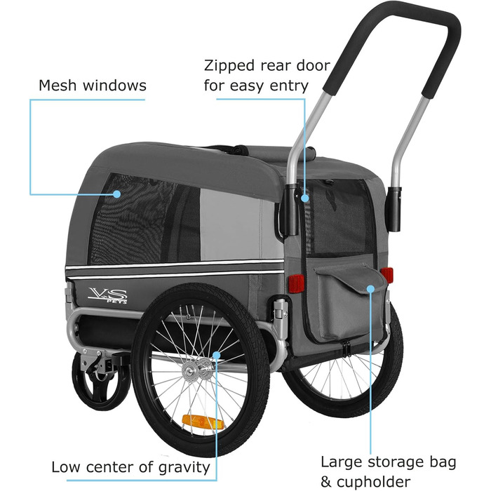 Універсальний візок-перевозник для собак Tiggo VS Pets Medium - 2в1 (велосипедний/біговий, сірий)