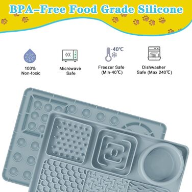 Силіконова килимок-заспокійвач для собак та котів Cooltto з мискою з нержавіючої сталі, з присосками, для грумінгу, миття та тренувань (Сірий, Модель A- 6 в 1 з 59 присосками)