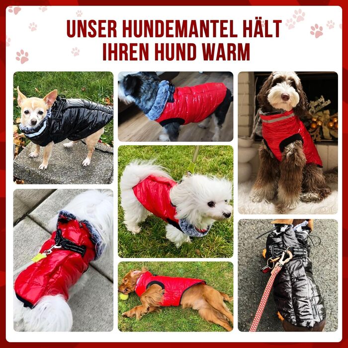 Водонепроникний собачий плащ з шлейкою, флісова комір-стійка, тепла зимова куртка для собак з подвійним блискавкою, куртка для собак з відбиваючими елементами, червоний, розмір S