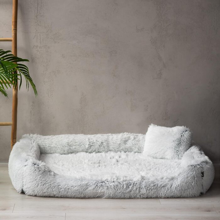 Ортопедичне ліжко для собак Tierlando® Pedro Shaggy з м'яким, пухнастим покриттям з довгого ворсу, знімним Ortho-Plus матрацом, розмір: 160x110 см, колір: світло-сірий